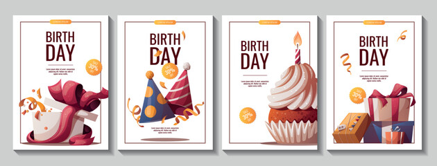 Set of Birthday promo flyers with cupcake, gifts, caps, confetti. Birthday party, celebration, holiday, event, festive concept. Vector illustration. Banner, flyer, advertising.
