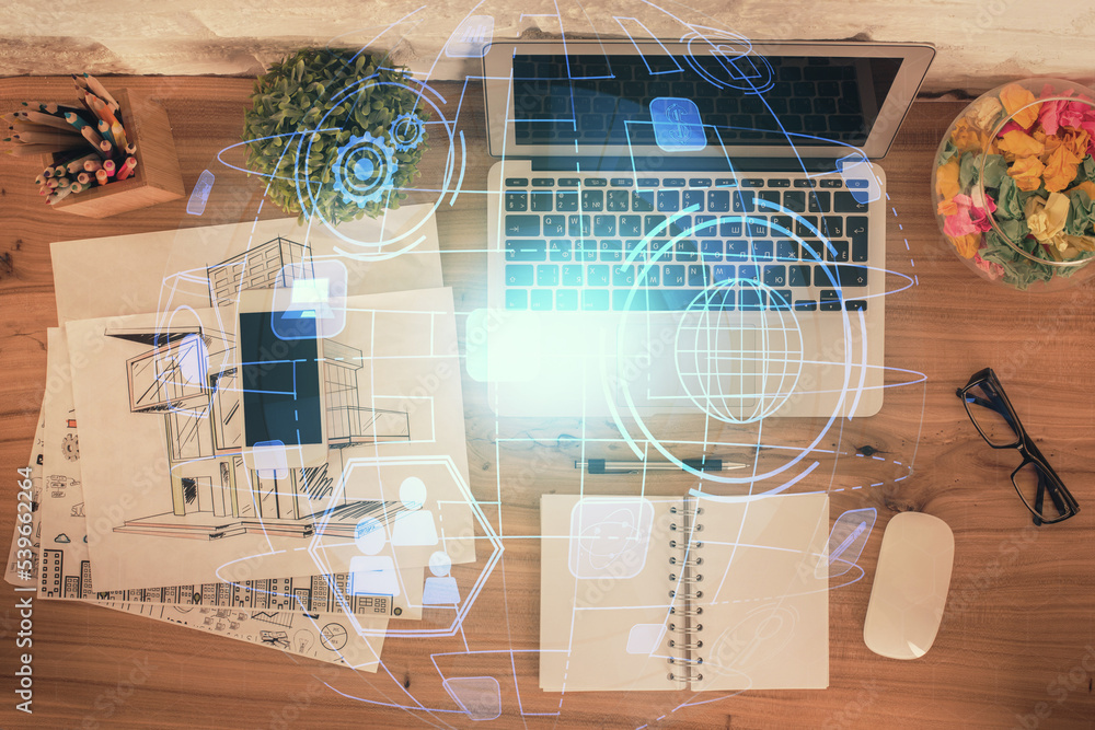 Poster Social network hologram drawings over computer on the desktop background. Top view. Double exposure.