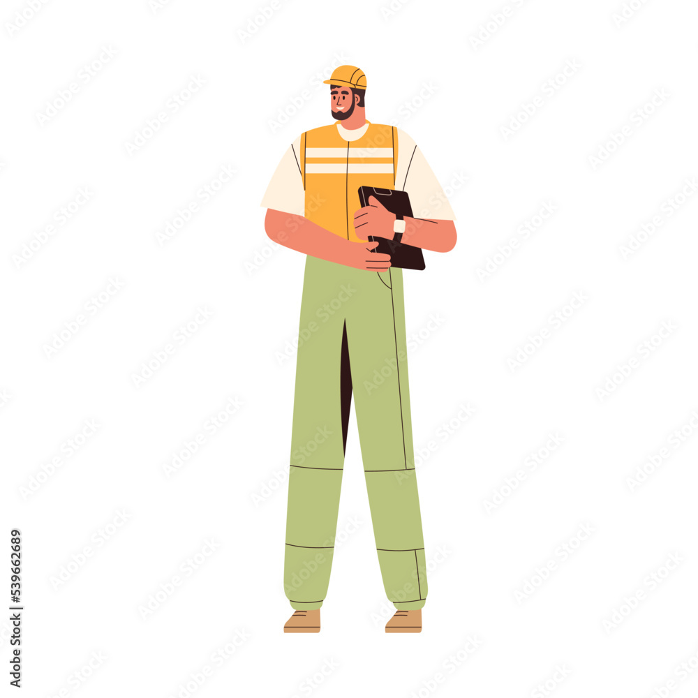 Poster industry worker in helmet, holding folder with documents. factory engineer man standing, wearing uni