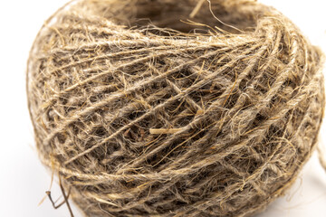 Jute twine isolated on white background. hank of twine close-up.