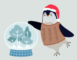 Penguin with big snowball. Cute Christmas character in cartoon style.