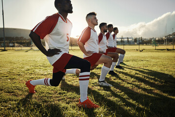 Fitness soccer, men and stretching with sport team on sports field training, exercise or workout....
