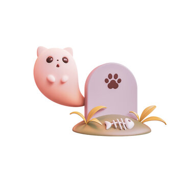 Cute ghost kitty floating in air near its grave. Rest in peace beloved pet. Cartoon fish skeleton lies on grave of cat. Memorial tombstone for pet with cat paw. 3d render isolated on white backdrop.