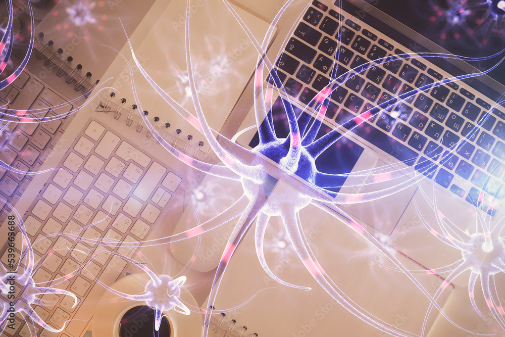 Aufkleber neuron hologram drawings over computer on the desktop background. top view. multi exposure. concept 