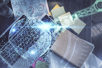Multi exposure of data theme drawing hologram over topview work desk background with computer. Concept of technology.
