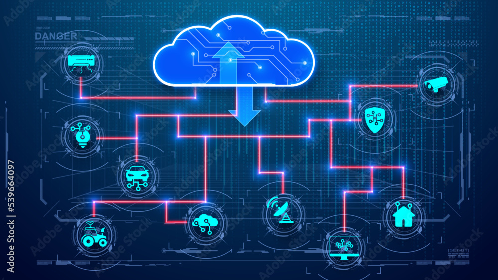 Poster internet of things (iot), industry 4.0 devices and connectivity concepts on a network, cloud at cent