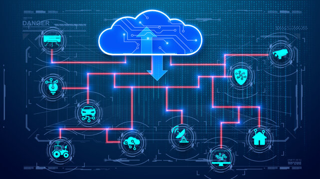 Internet of things (IOT), Industry 4.0 devices and connectivity concepts on a network, cloud at center.  Abstract cloud connection technology background.  Connect wireless devices. Vector illustration