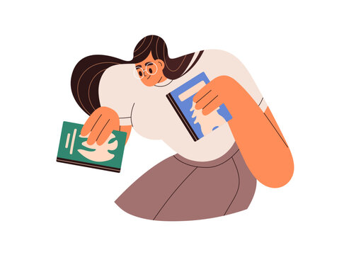 Woman reader taking paper books for reading, studying. Smart girl bookworm with literature. Young happy female student. Bookcrossing concept. Flat vector illustration isolated on white background