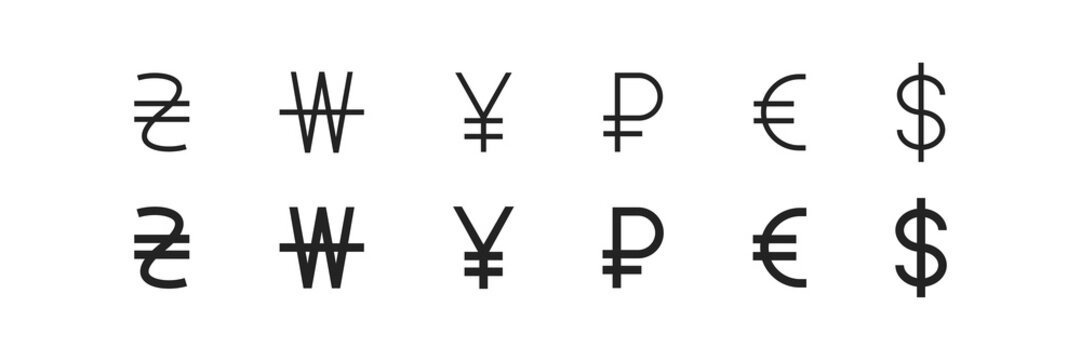 Currency symbol. Vector dollar icon. Simple outline money sign. Currency symbols set. Euro, dollars, yen, won, ruble, uah web icons, cash exchange, payment mark