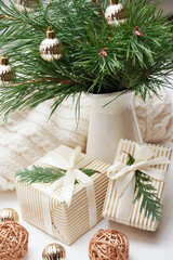   Winter, Christmas, New Year decorations composition, concept, background. Christmas greeting card. Frame, border. Space for text.