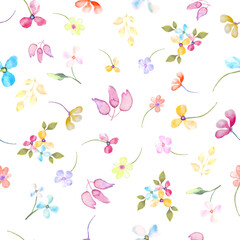 Fototapeta na wymiar Watercolor gentle seamless pattern with abstract bright flowers, leaves. Hand drawn floral illustration isolated on white background. For packaging, wallpaper, wrapping design or print