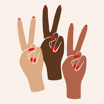 Peace Sign with different skin colors hands. Female hand with two fingers outward. Concept of the world. Vector supporting illustration. No racism, We are equal concept.