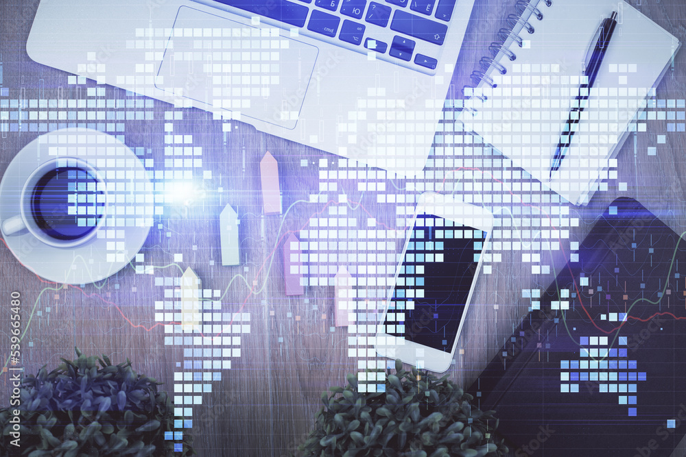 Poster double exposure of business theme hologram over desktop with phone. top view. mobile international t