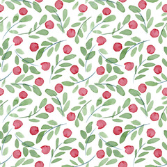 Watercolor seamless berry pattern. Hand drawn silhouettes of green twig with a red berry. Natural ornament for wrapping paper, web, greeting cards, fabric, wallpaper.
