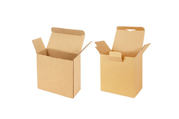close up of a cardboard box or brown paper box,two box style isolated on  white background, with clipping path include for design usage purpose.