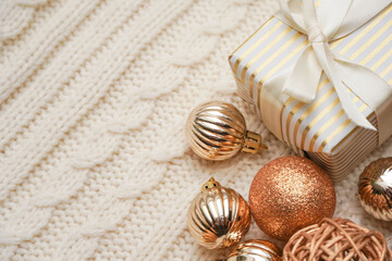   Winter, Christmas, New Year decorations composition, concept, background. Christmas greeting card. Frame, border. Space for text.