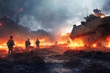 Fototapeta na wymiar War tanks and infantry army in the battlefield of a wasteland. Explosions and soldiers fighting in the battle of a world war at dawn. 3D rendering.