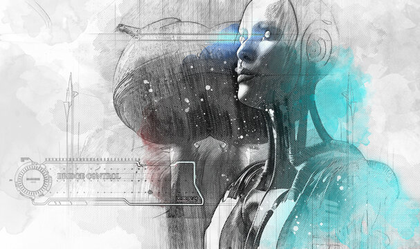 3d illustration - drawings sketch of futuristic science fiction scene