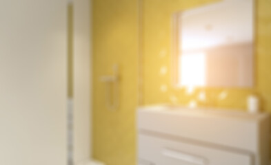 Modern bathroom including bath and sink. 3D rendering.. Sunset.. Abstract blur phototography.