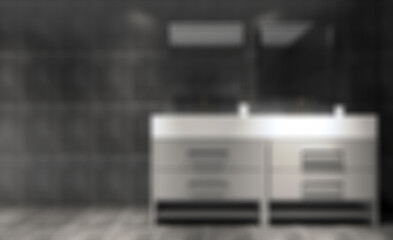 Spacious bathroom in gray tones with heated floors, freestanding. Abstract blur phototography.
