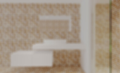 Freestanding bath with towels in grey modern bathroom. 3D render. Abstract blur phototography.