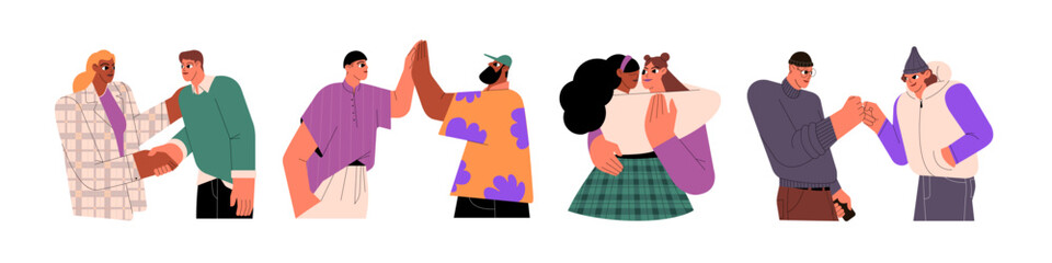 People greeting with different hi gestures set. Saying hello with business handshake, giving high five, friends hugs, welcoming with fists. Flat vector illustrations isolated on white background © Paper Trident