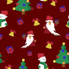 Christmas seamless pattern. Santa claus with gifts, christmas tree, bell and snowman. Packaging design, wrapping paper, printing, textiles and wallpapers.