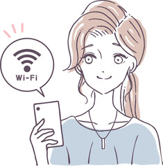 Obraz premium スマホをWi-Fiに接続する女性のシンプルな人物イラスト素材
