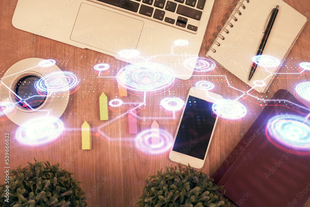 Poster double exposure of social network theme drawing over table with phone. top view. people connecting c