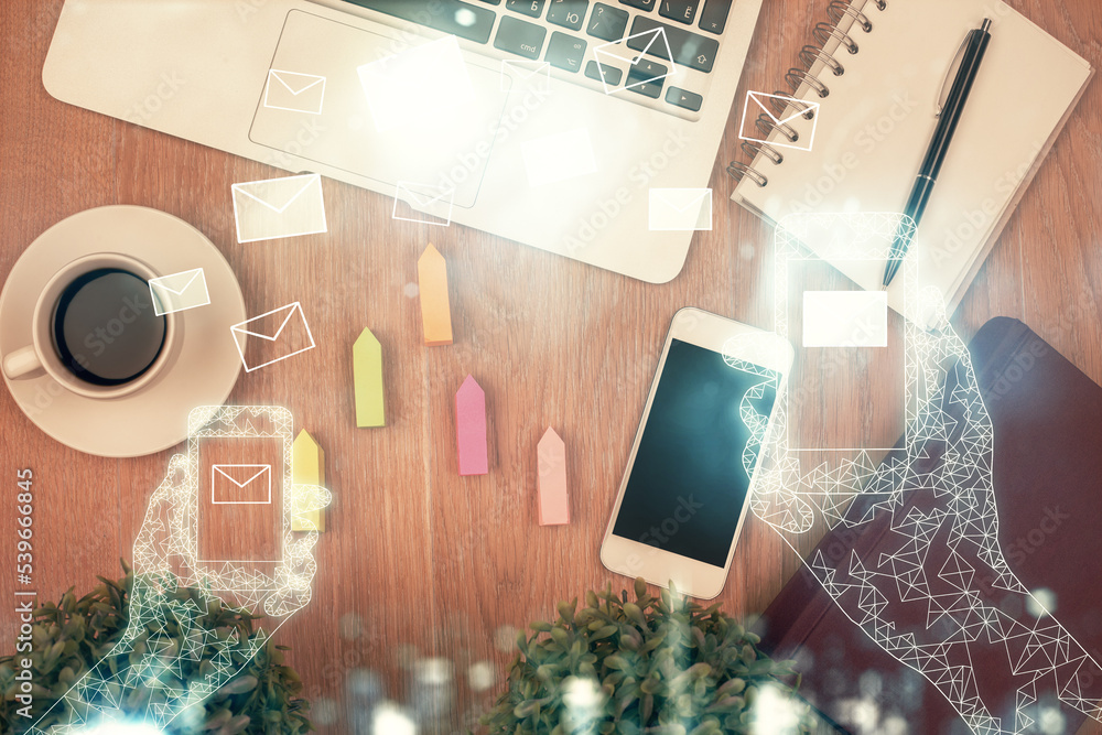 Poster Multi exposure of envelop technology theme drawing over table with phone. Top view. Concept of electronic mail.