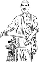 Fototapeta na wymiar The Indian postman is holding his bicycle and carrying a mail letter bag on his shoulder., Indian postman outline vector illustration, sketch drawing of postman