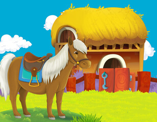 cartoon farm scene with horse stallion illustration