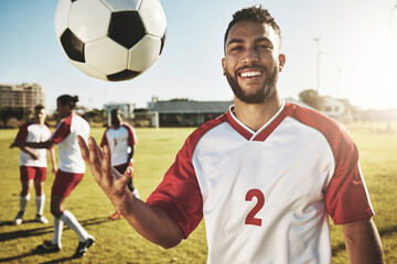 Real soccer, team training on field and man with ball play competitive summer match on natural...