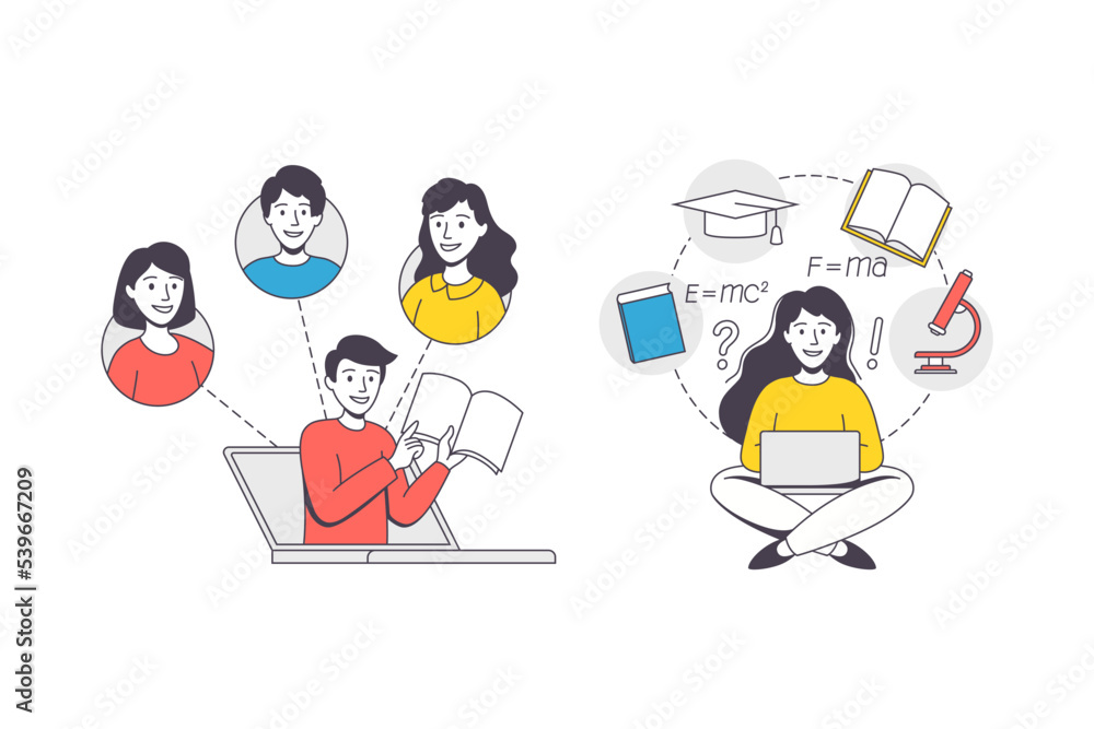 Poster online learning with student and teacher engaged in virtual classes outline vector set