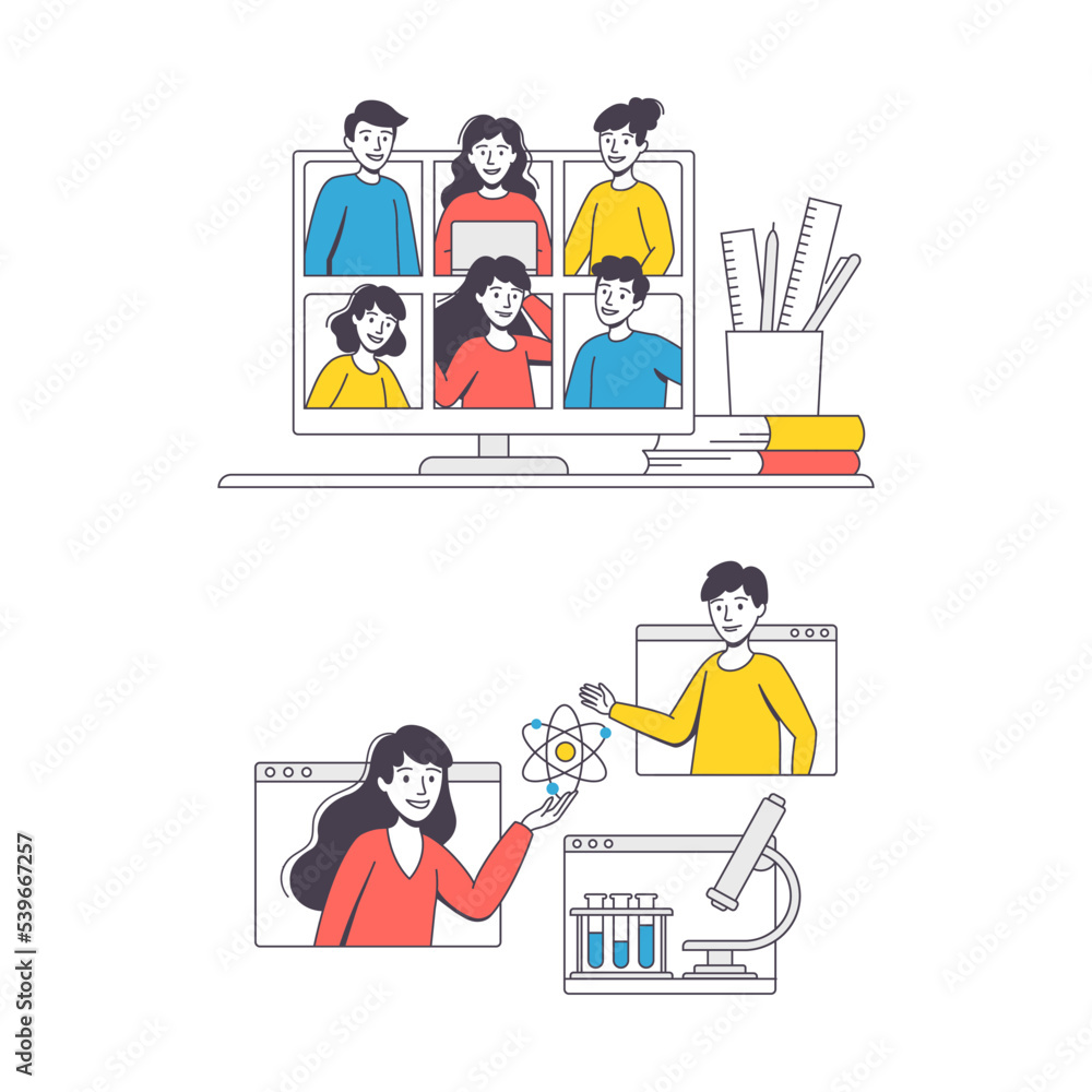 Poster online learning with student and teacher engaged in virtual classes outline vector set