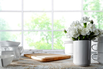 Desk of free space and window background. 