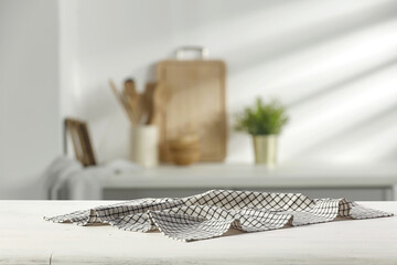 Desk of free space and kitchen interior. 