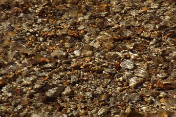 blurred water surface of a clear creek with beatuiful golden colored stones