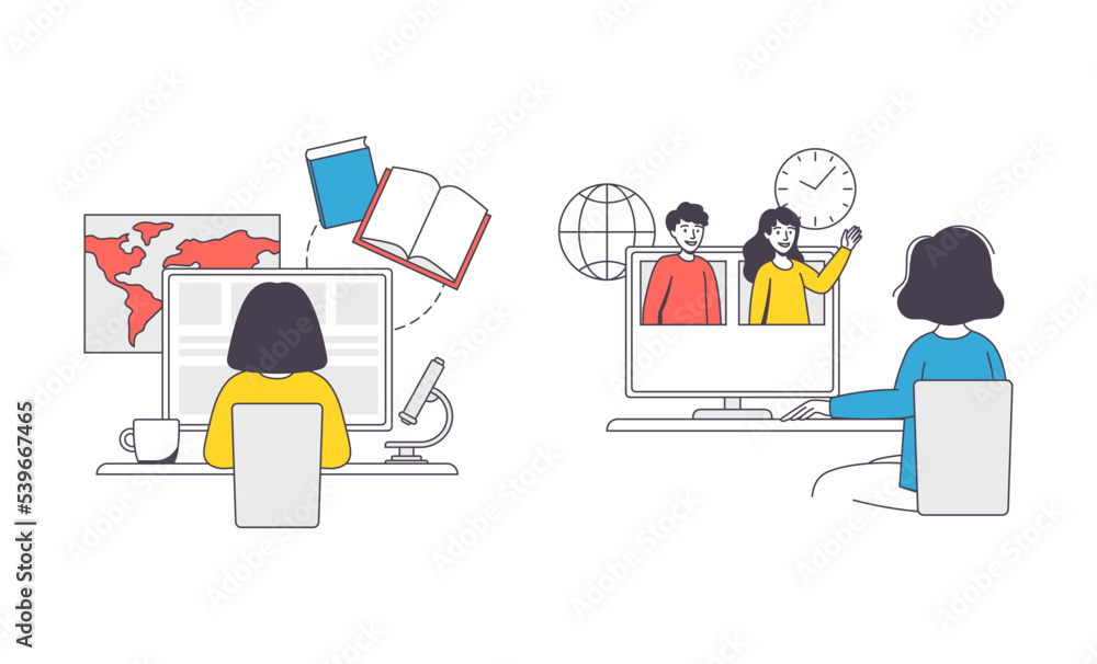 Poster online learning with student and teacher engaged in virtual classes outline vector set