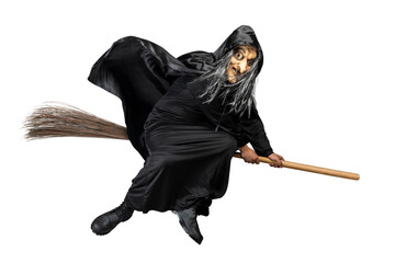 Old witch in a cloak sitting on a broomstick - obrazy, fototapety, plakaty
