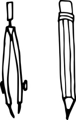 Set of pencil and compass, vector illustration isolated on a white background. Doodle & hand drawn compass and pencil