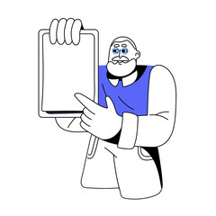 Old man showing blank paper on clipboard, pointing, advertising with hand gesture. Happy senior elderly person presenting smth. Lineart flat graphic vector illustration isolated on white background