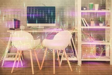 Multi exposure of stock market chart drawing and office interior background. Concept of financial analysis.