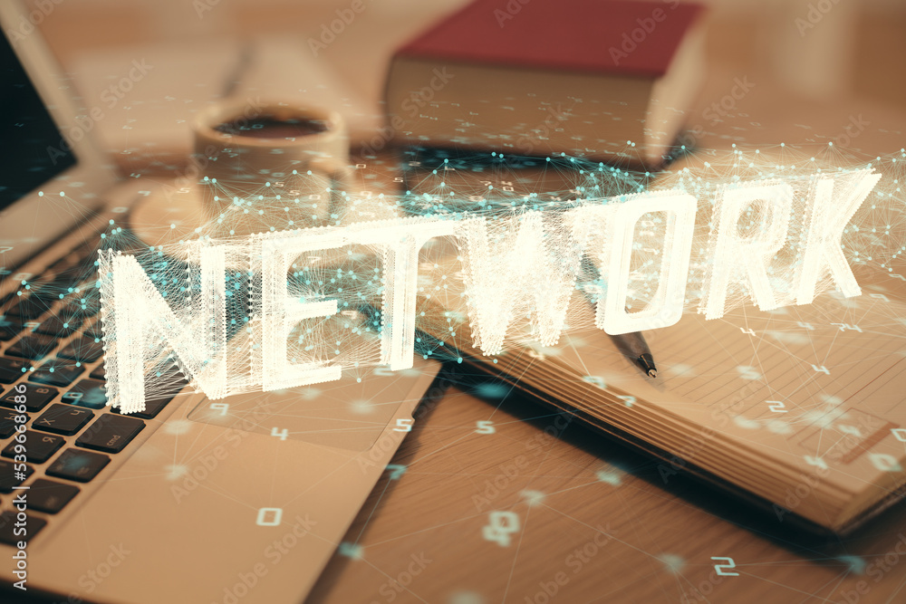 Poster Double exposure of technology theme drawing and desktop with coffee and items on table background. Concept of data research.