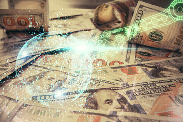 Fototapeta na wymiar Double exposure of data theme drawing over us dollars bill background. Technology concept.