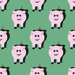 Seamless pattern with pig on green background. 3d bacdrop with domestic farm animal. Cut out print for children bed linen and wallpaper for baby room.