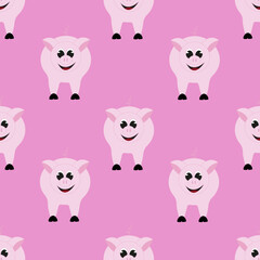 Seamless pattern with pig on pink background. Bacdrop with domestic farm animal. Print for children bed linen and wallpaper for baby room.