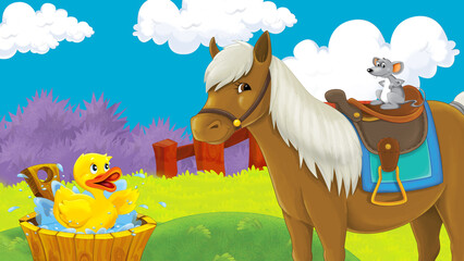 cartoon farm scene with horse stallion illustration