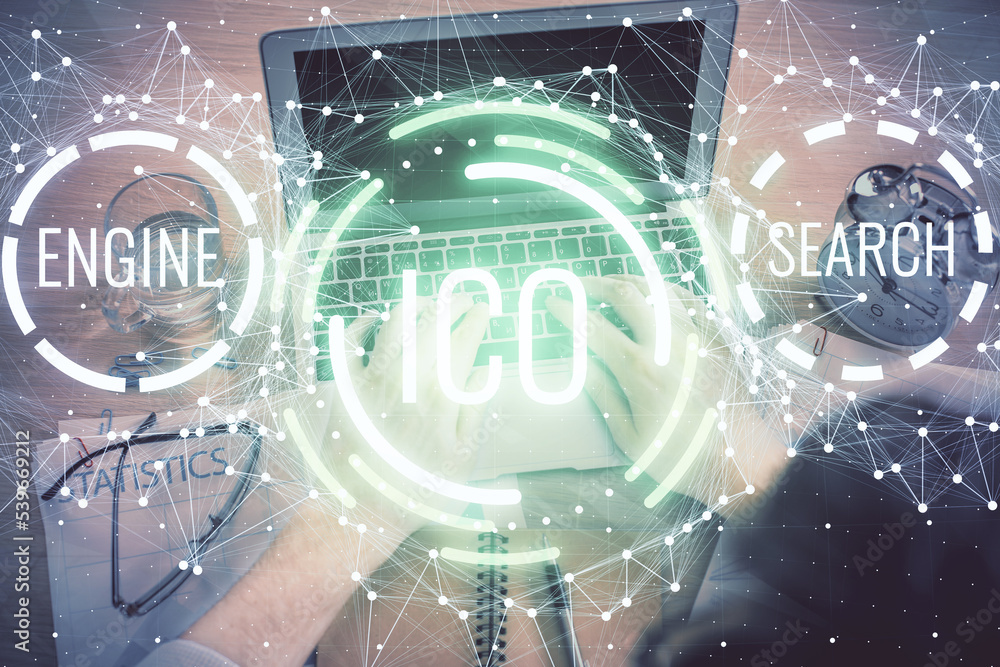 Aufkleber Double exposure of man's hands typing over computer keyboard and crypto currency theme hologram drawing. Top view. Blockchain concept.