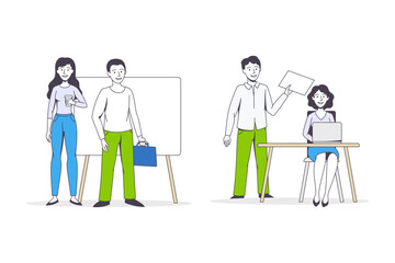 Successful Team with Man and Woman Office Employee Working Together Vector Set